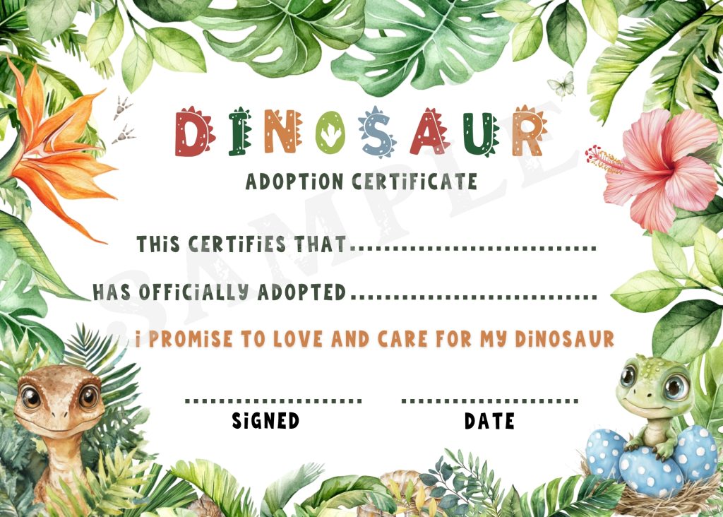 example of a dinosaur adoption certificate