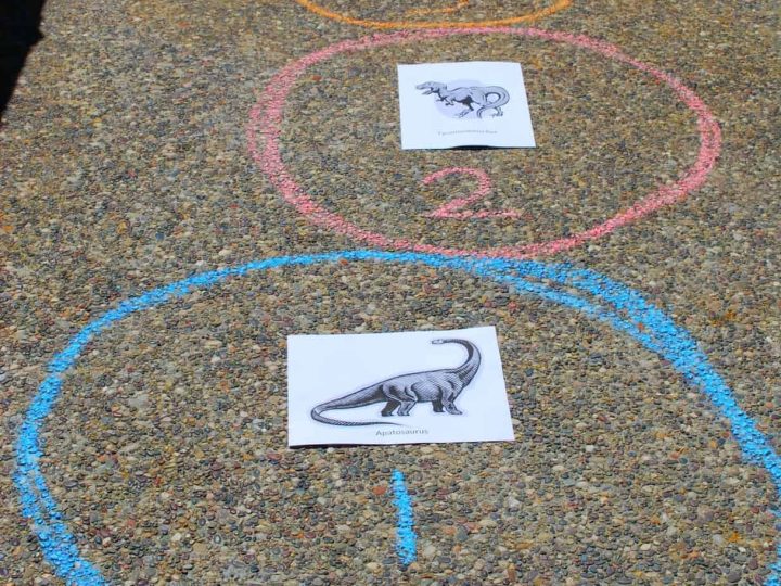 Colorful chalk circles drawn on pavement with printed dinosaur picture cards as targets for an outdoor toss game
