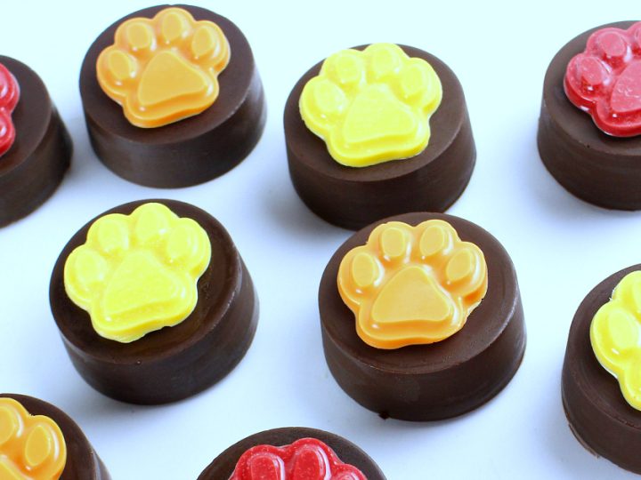 Chocolate-dipped Oreos topped with colorful candy paw prints, easy Lion King-inspired safari animal party food ideas