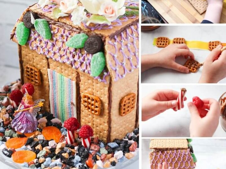 Step-by-step collage of kids building an edible graham cracker fairy house decorated with candy and sugar flowers — a magical and interactive fairy party food activity.