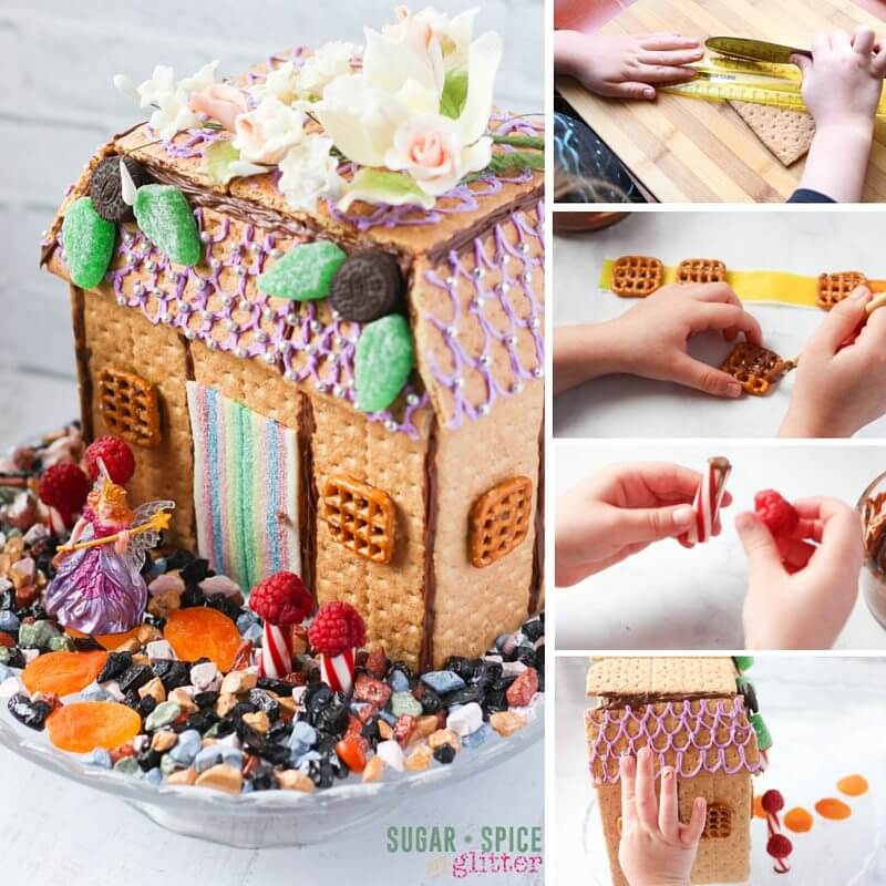 Step-by-step collage of kids building an edible graham cracker fairy house decorated with candy and sugar flowers — a magical and interactive fairy party food activity.
