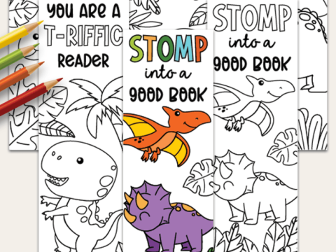 Set of printable black and white dinosaur coloring bookmarks with fun dino-themed phrases fanned out on a cream background
