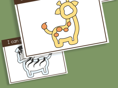 Free printable safari playdough mats showing a giraffe and rhinoceros for safari party crafts and activities
