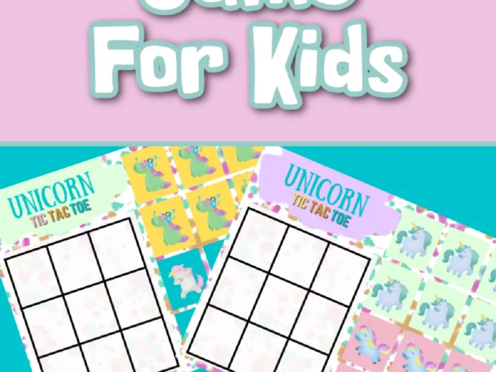 Printable unicorn tic tac toe game cards in bright colors are a quick and easy unicorn party craft and activity for kids
