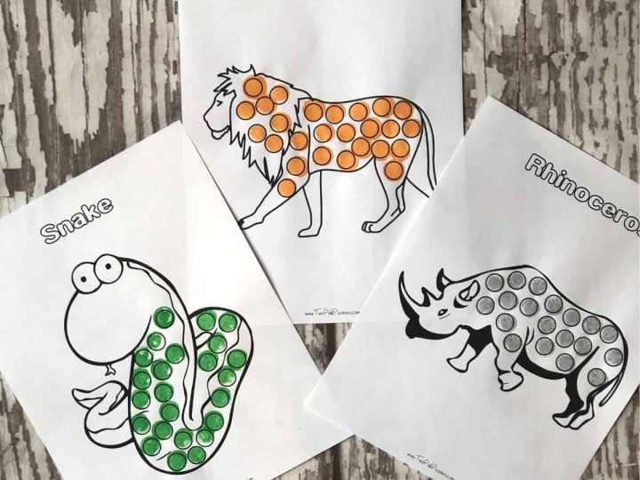 Free printable safari animals dot marker pages featuring a lion, snake, and rhino for safari party crafts and activities