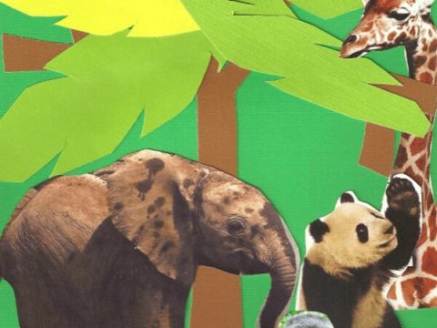 Jungle art collage activity with paper trees, a giraffe, elephant, and panda for safari party crafts and activities