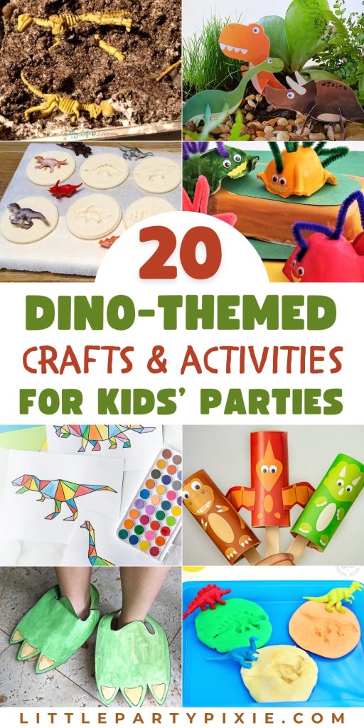 A collage of dino crafts and activities for parties including a dinosaur dig, dinosaur garden, salt dough fossils, egg carton dinosaurs, geometric coloring pages, paper tube puppets, cardboard dinosaur feet, and play dough fossil activity