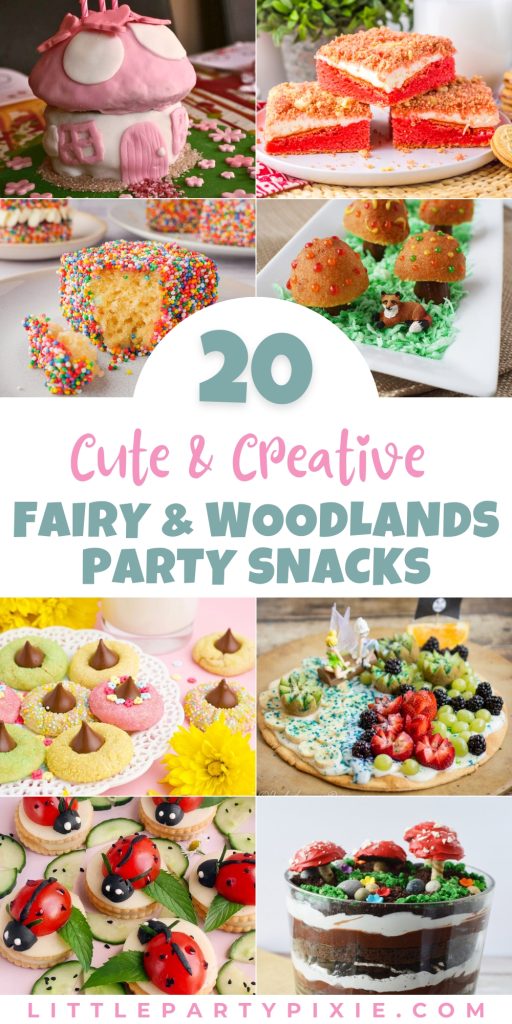 collage of images fairy woodland party food