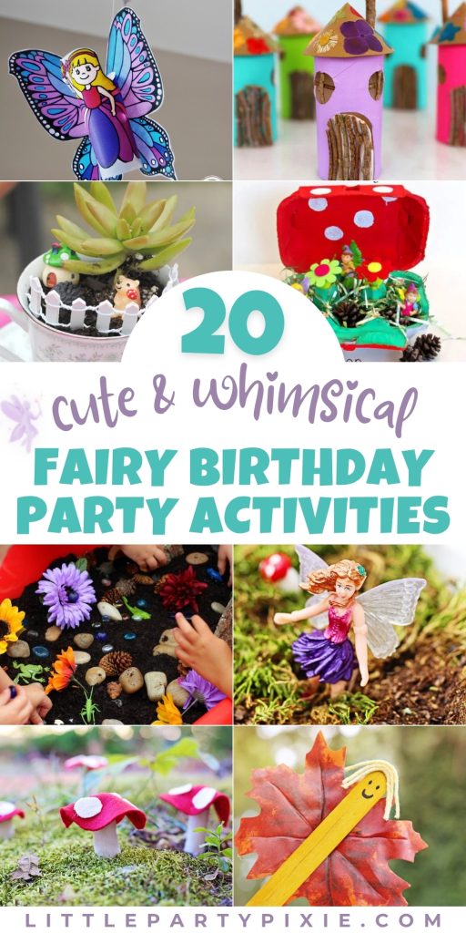 A collage of magical fairy party crafts and activities including fairy wings, toadstool houses, fairy gardens, and whimsical nature crafts for kids.