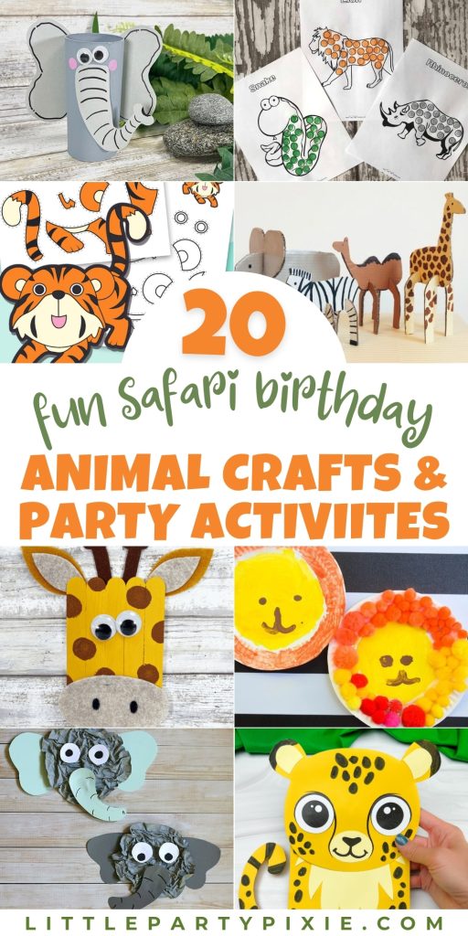 Safari party crafts and activities including elephant toilet roll, dot marker sheets, popsicle stick giraffe, paper plate lion, and crumpled elephant for children
