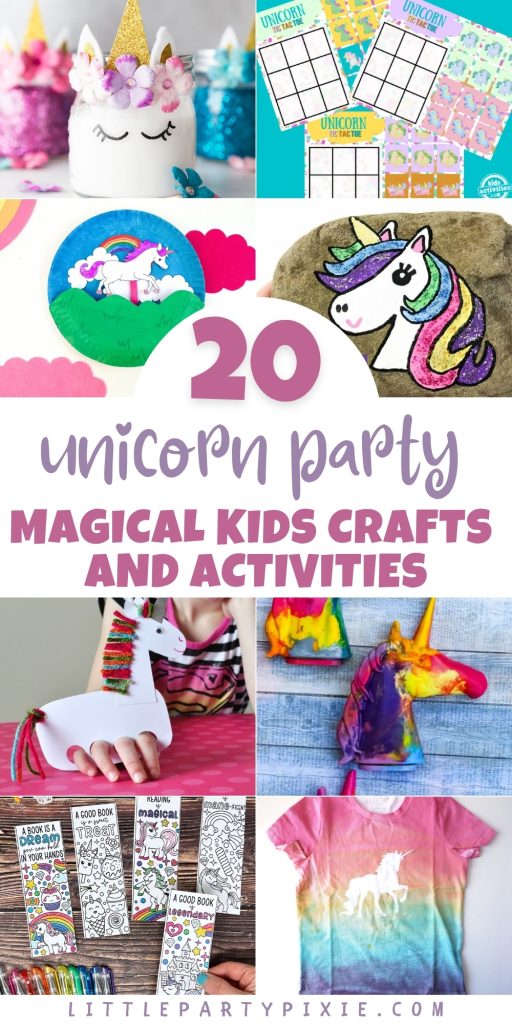 Fun and colorful unicorn party crafts and activities including painted rocks, paper plates, tie-dye shirts, bookmarks, and decorated mason jars