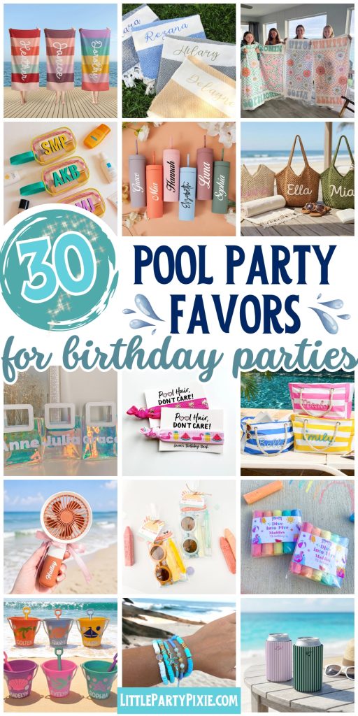 collage of images pool party favor ideas from etsy
