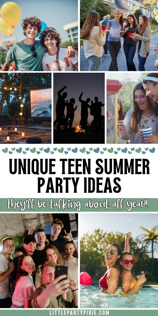 collage of images teens partying in the summer, beach, pool, bonfire settings