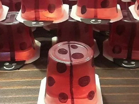 Red jello cups decorated with black polka dots and smiley faces to look like ladybugs — a cute and easy fairy party food snack pack kids will love.