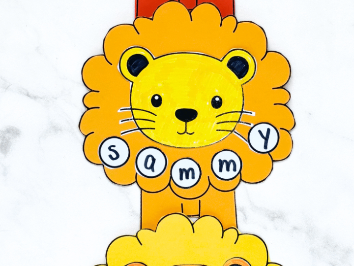 Printable lion name crafts spelling Emily, Sammy, and Jacob in the mane for safari party crafts and activities
