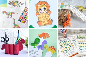 A collage of dino crafts and activities for parties including geometric dinosaur coloring pages, a paper bag puppet, fossil favor bags, a cardboard tube pencil holder, paper dinosaur bookmarks, and printable dinosaur activity sheets