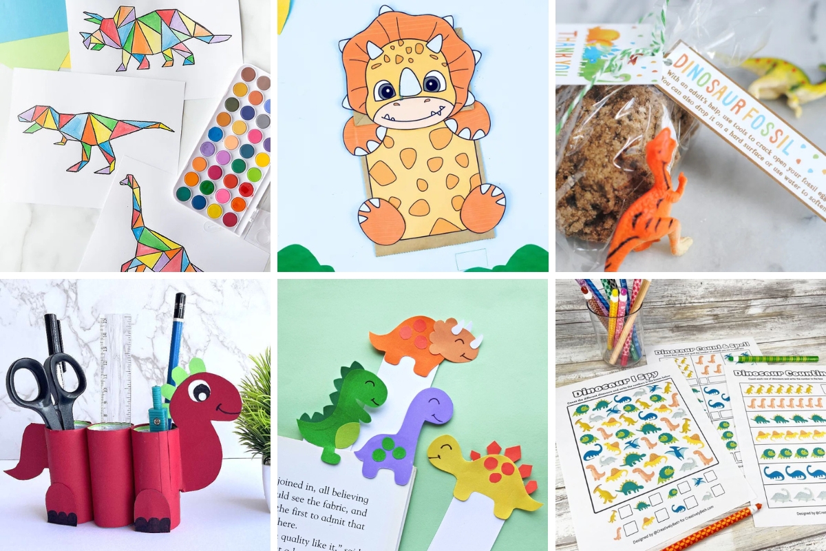 A collage of dino crafts and activities for parties including geometric dinosaur coloring pages, a paper bag puppet, fossil favor bags, a cardboard tube pencil holder, paper dinosaur bookmarks, and printable dinosaur activity sheets
