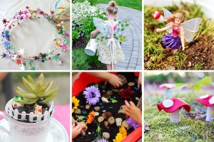 A collage of fairy party crafts and activities featuring a fairy crown, handmade wings, fairy gardens, and colorful toadstool decorations.