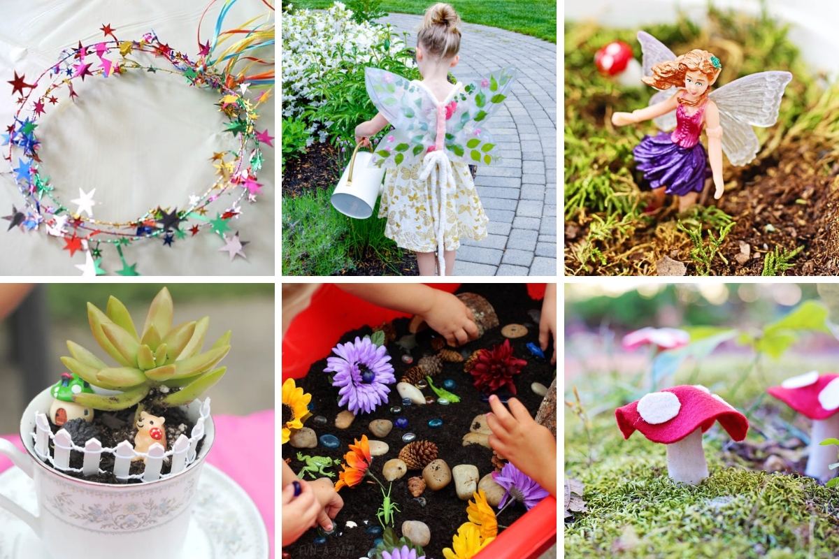 A collage of fairy party crafts and activities featuring a fairy crown, handmade wings, fairy gardens, and colorful toadstool decorations.