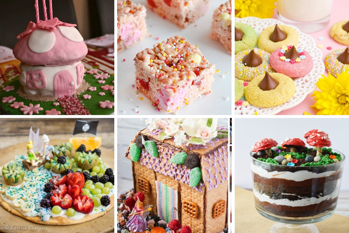 Magical fairy party food ideas including a mushroom cake, sprinkle rice crispy treats, colorful blossom cookies, fruit pizza, gingerbread fairy cottage, and woodland trifle dessert.