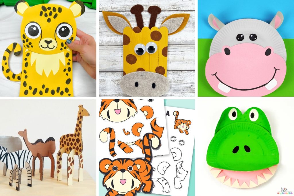 Safari party crafts and activities featuring handmade cheetah, giraffe, hippo, crocodile, tiger cut-outs, and standing cardboard jungle animals for kids