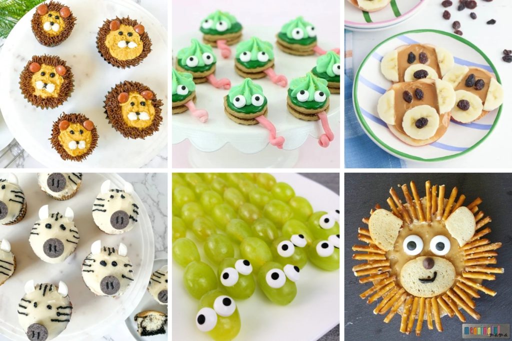 Six creative safari party food ideas including lion cupcakes, frog macarons, zebra cupcakes, grape caterpillars, bear toast, and a pretzel lion — adorable and easy safari party food ideas for kids.