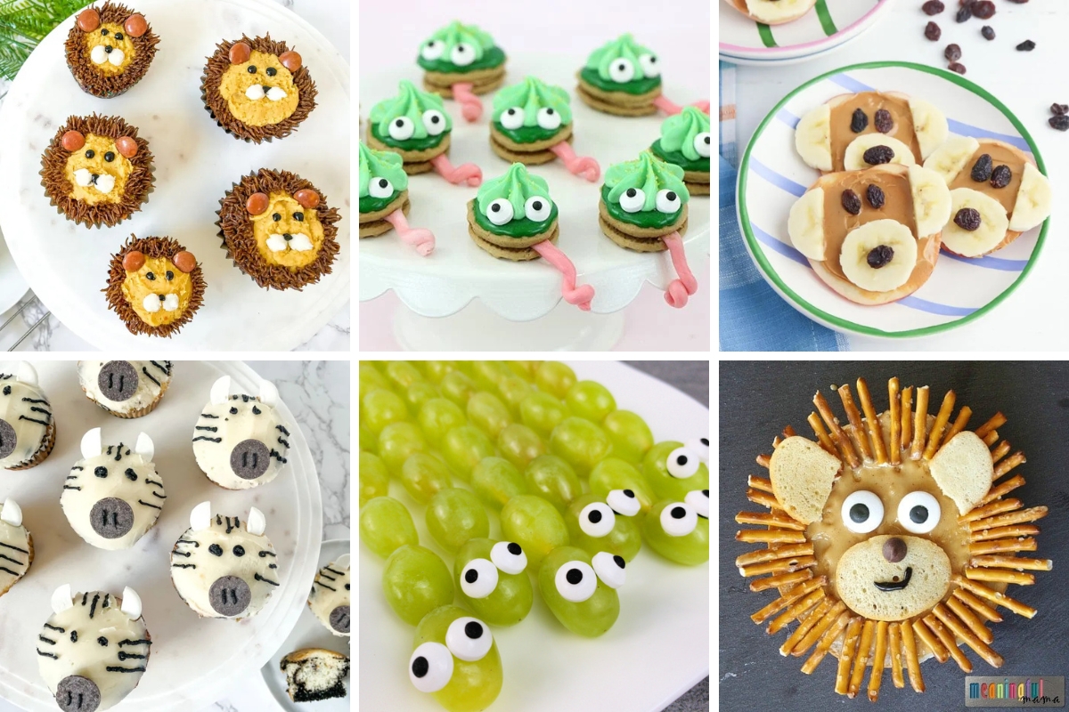 Six creative safari party food ideas including lion cupcakes, frog macarons, zebra cupcakes, grape caterpillars, bear toast, and a pretzel lion — adorable and easy safari party food ideas for kids.