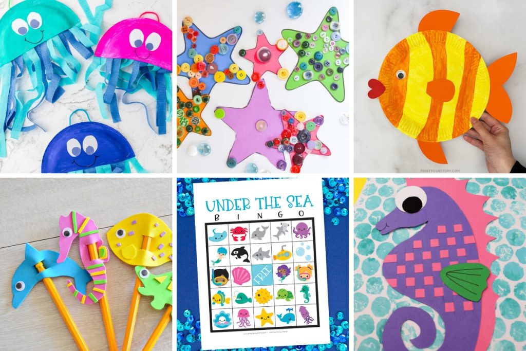A collage of under the sea party crafts and activities including paper plate jellyfish, button starfish, paper plate fish, foam pencil toppers, printable bingo game, and a painted paper seahorse craft