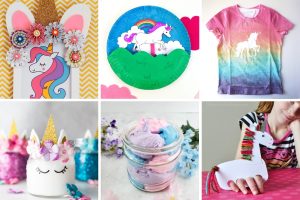 Assortment of unicorn party crafts and activities featuring rainbow tie-dye shirts, painted paper plates, glittery mason jars, fluffy slime, and foam unicorn puppets