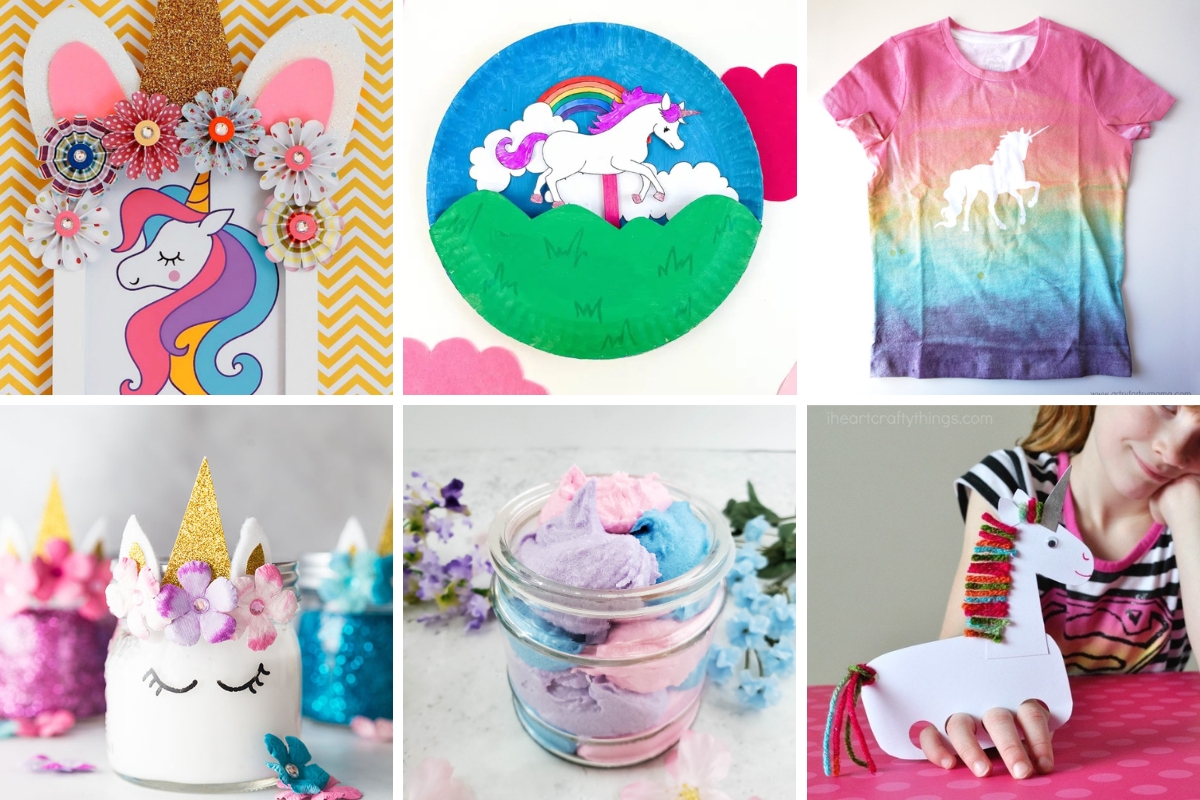 Assortment of unicorn party crafts and activities featuring rainbow tie-dye shirts, painted paper plates, glittery mason jars, fluffy slime, and foam unicorn puppets