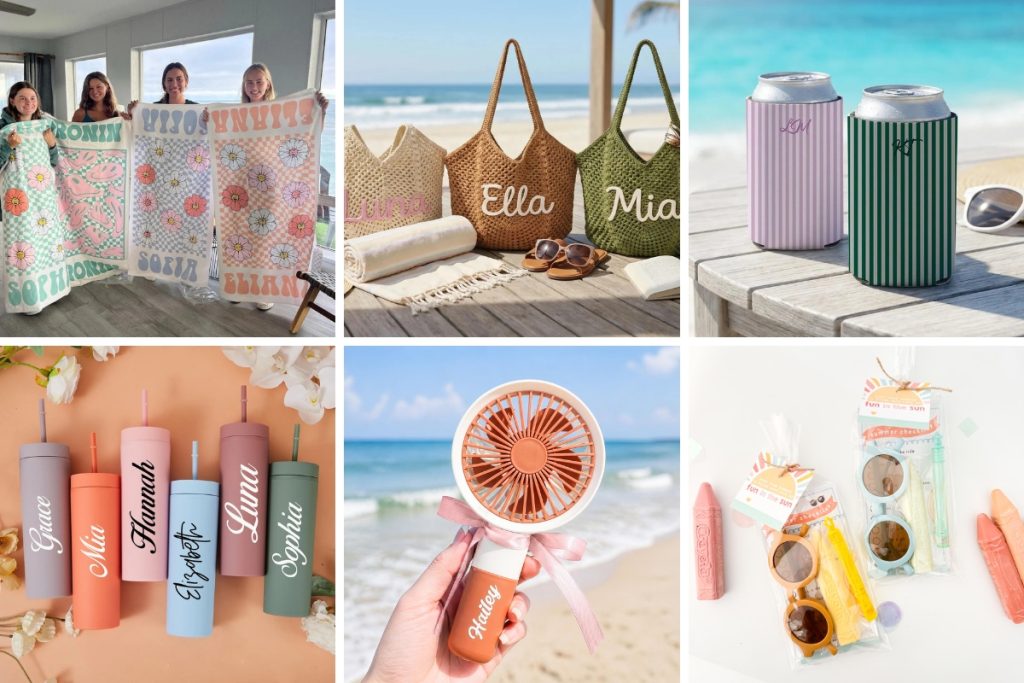 collage of images pretty feminine pool party gift ideas