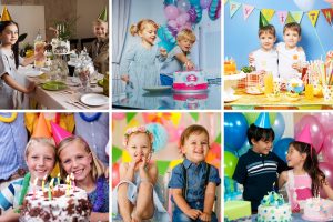colorful collage of images siblings sharing birthday party birthday cakes