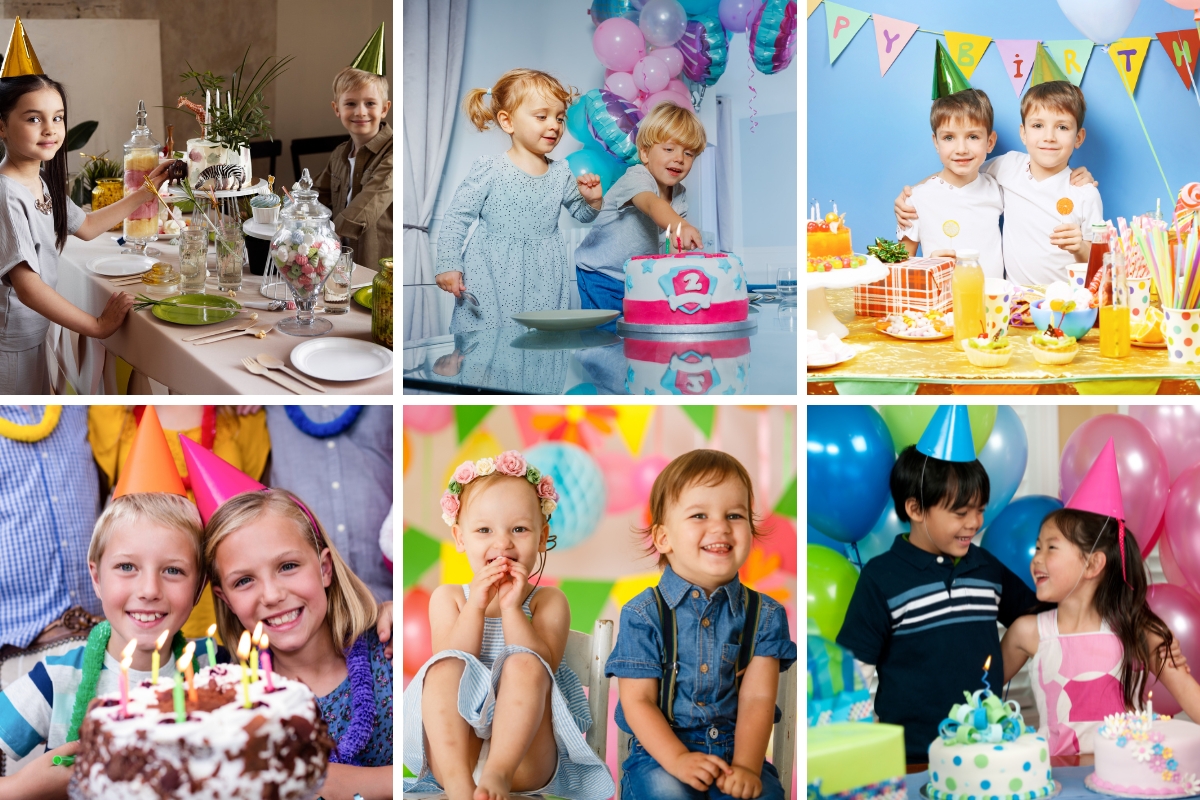 colorful collage of images siblings sharing birthday party birthday cakes