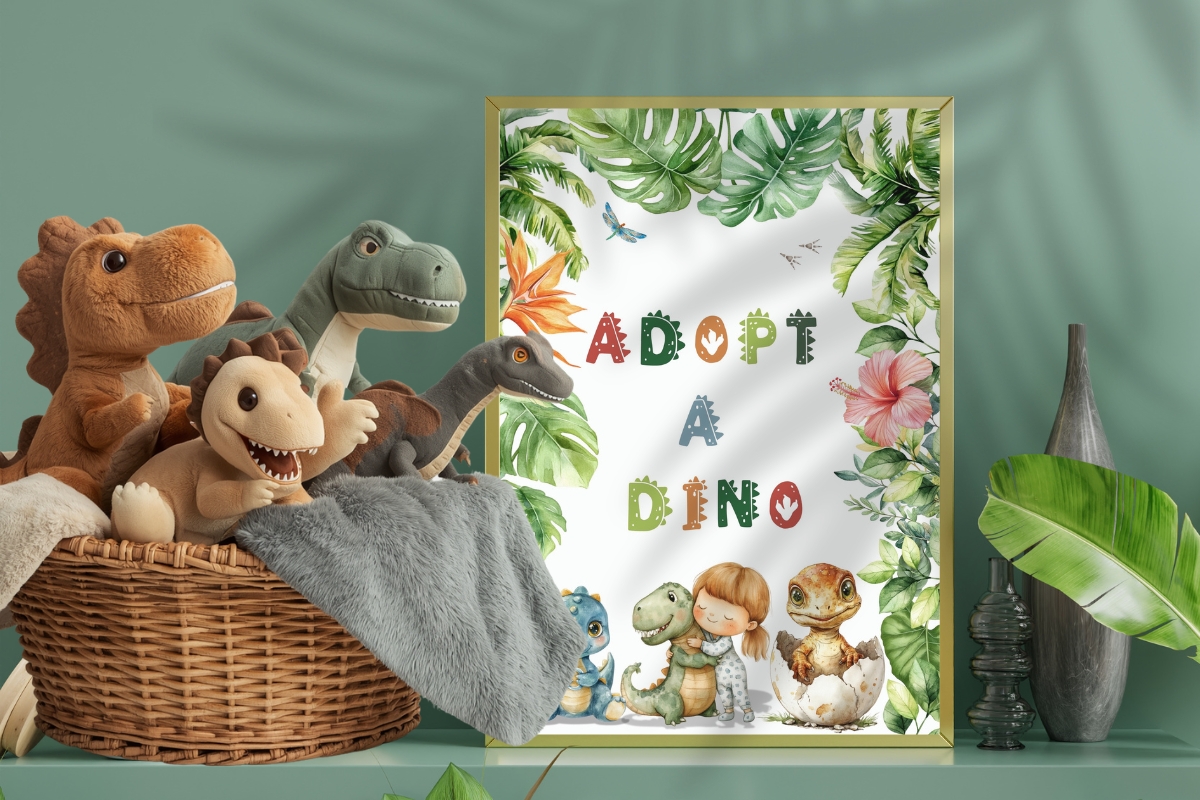 a wicker basket filled with plush soft teddy dinosaurs on a shelf with a sign in wooden frame saying adopt a dinosaur