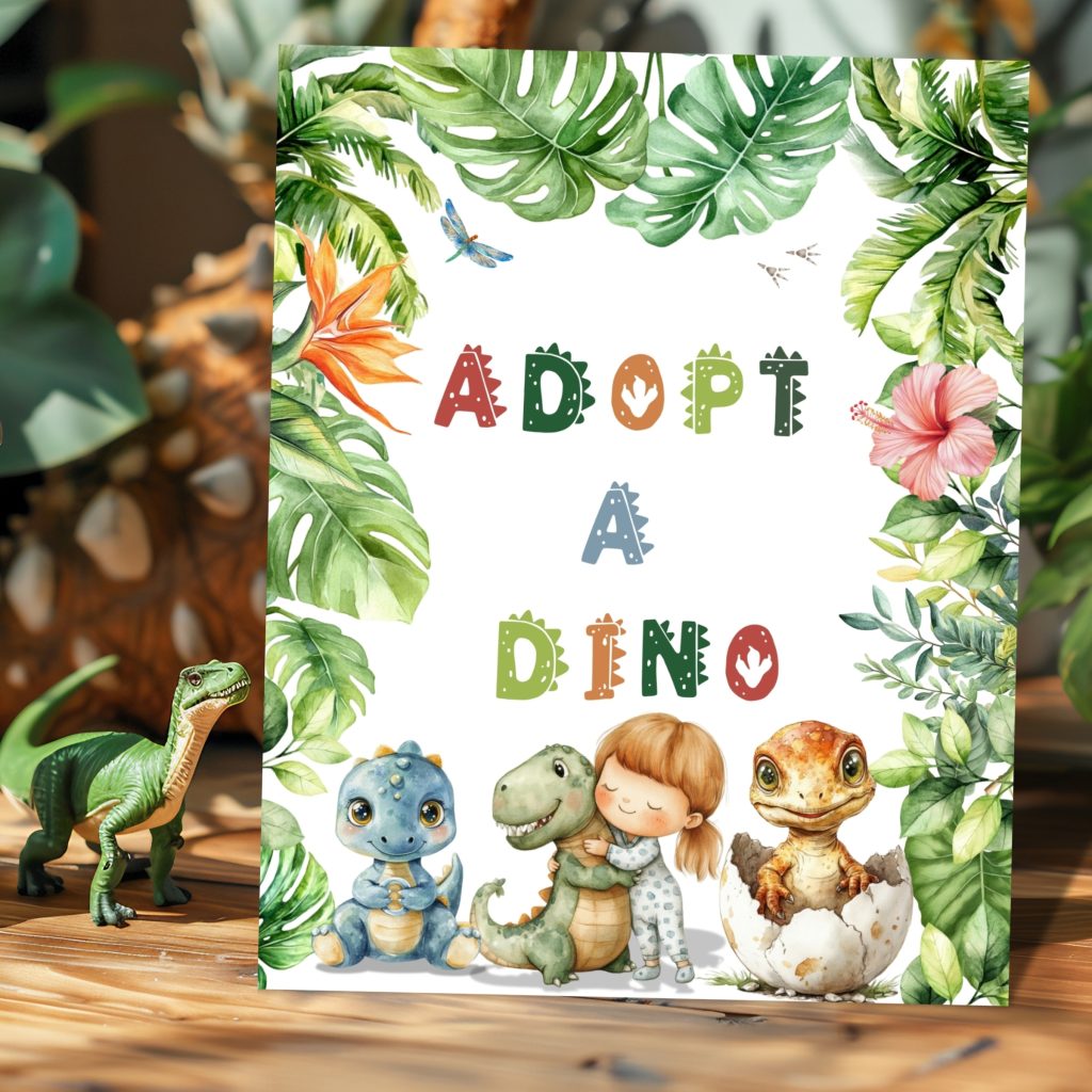 close up of an adopt a dino sign etsy