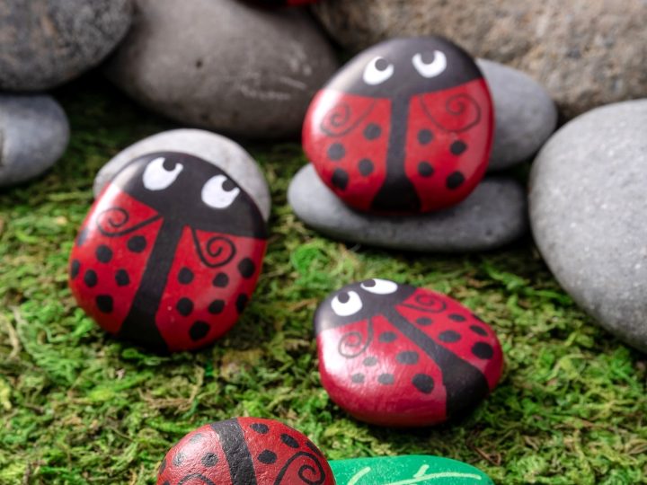 Painted ladybug rocks on mossy ground, a creative and easy fairy party crafts and activities idea kids will love.