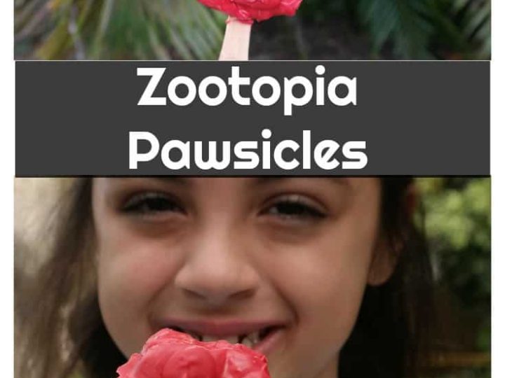Pink Rice Krispie Treat pawsicles on sticks held by a child outdoors, fun Zootopia-inspired safari animal party food ideas