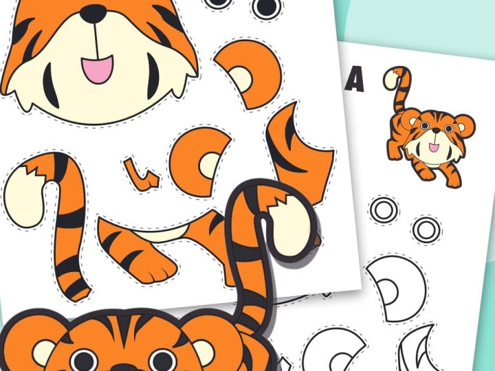 Cut and assemble printable tiger craft with orange and black stripes for safari party crafts and activities