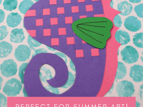 A purple and pink paper woven seahorse art project with googly eye on a teal bubble-stamped background