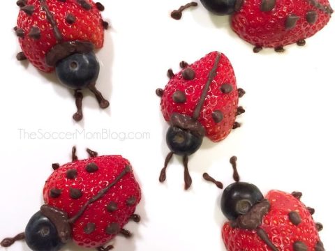 Strawberry ladybugs decorated with blueberry heads and chocolate chip spots arranged on a white surface — an adorable and healthy fairy party food idea for kids.