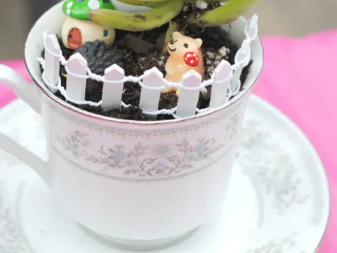 A tiny fairy garden planted inside a floral teacup with a mini succulent, a delightful fairy party crafts and activities project.