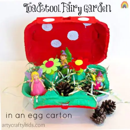 A colorful toadstool fairy garden made from a painted egg carton with fairy figurines, a fun fairy party crafts and activities idea.