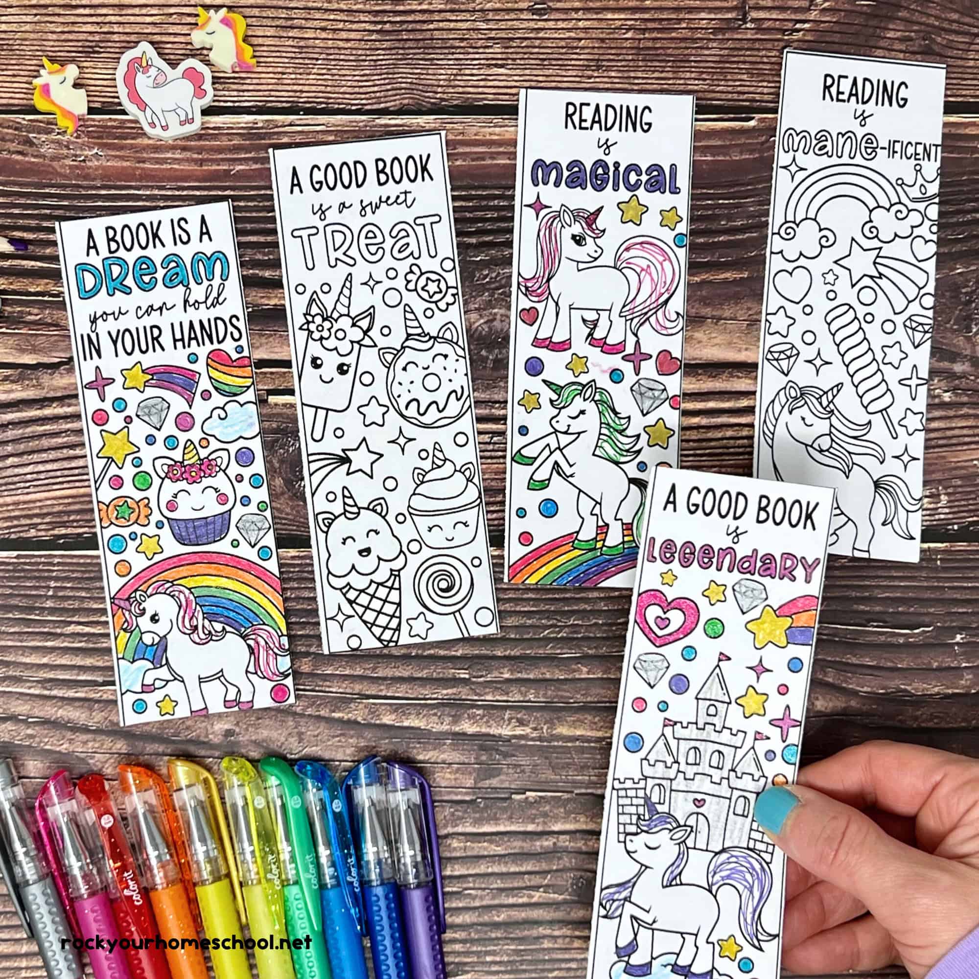 Free printable unicorn bookmarks with rainbow colors and fun reading quotes make lovely unicorn party crafts and activities for kids