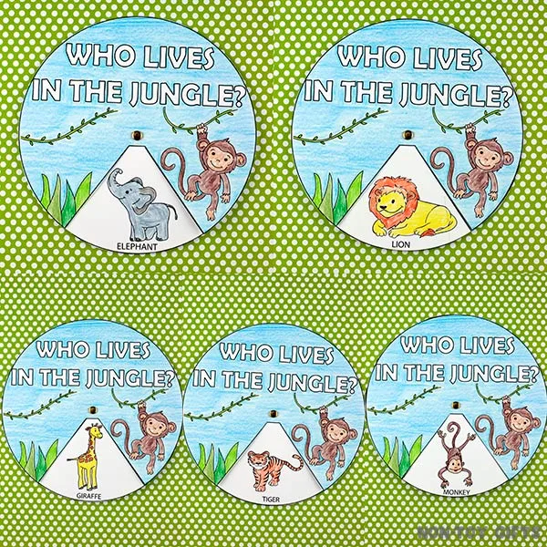 Printable jungle animal spinner crafts featuring an elephant, lion, giraffe, tiger, and monkey for safari party crafts and activities