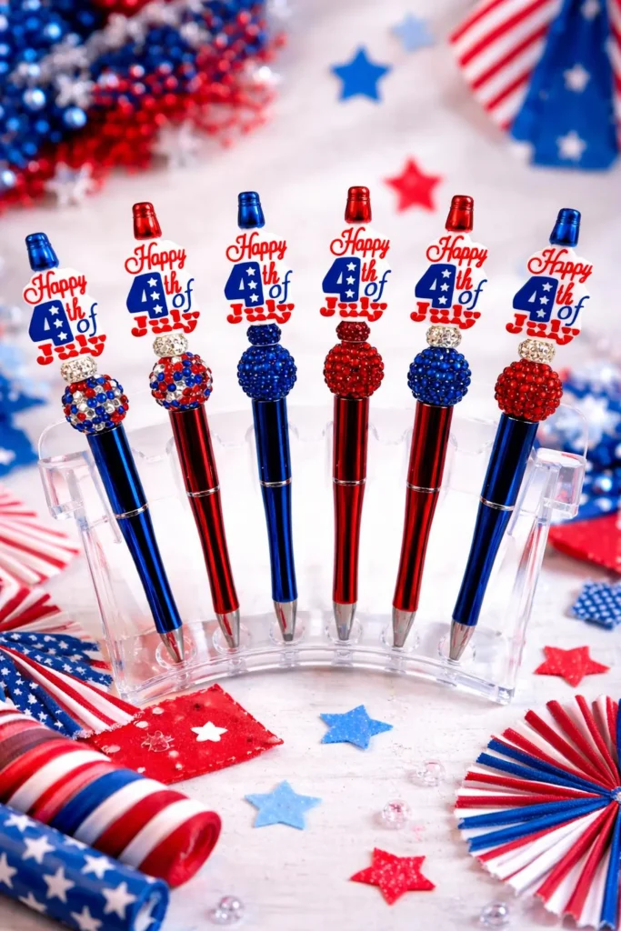 Six rhinestone-beaded pens topped with Happy 4th of July charms in red white and blue displayed in a fan arrangement, dazzling 4th of July party favors.