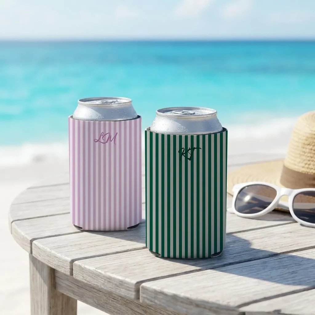 Two monogrammed striped can coolers in pink and green sitting on a beachside wooden table, fun personalized pool party favors.