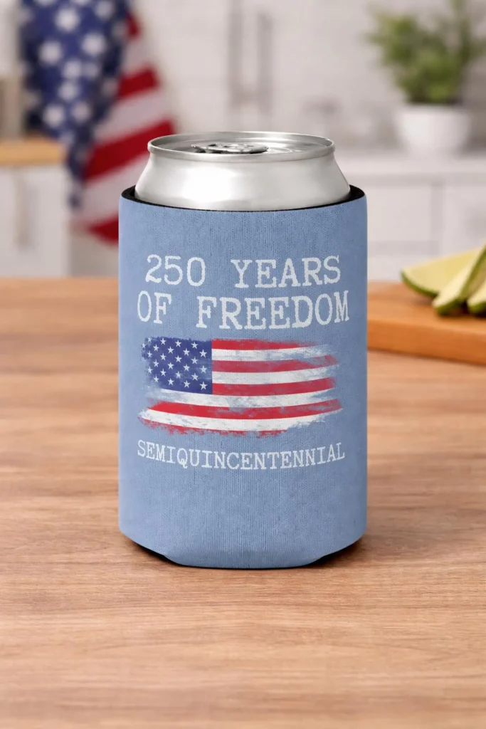 Blue neoprene can sleeve printed with distressed American flag and 250 Years of Freedom Semiquincentennial text on a wooden table, practical 4th of July party favors.