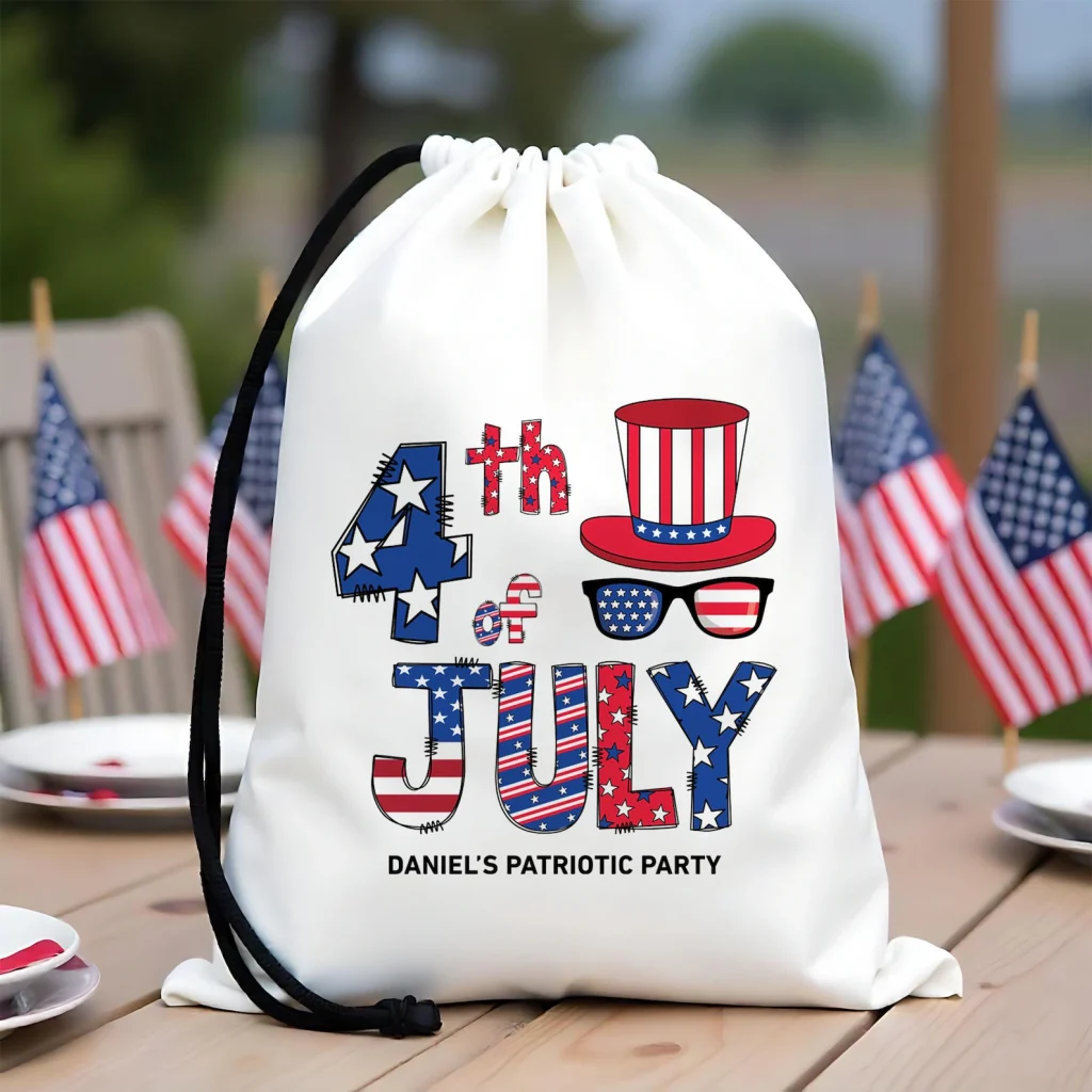 White personalized drawstring cloth bag printed with patriotic 4th of July Uncle Sam hat and sunglasses design for a custom party, reusable 4th of July party favors.