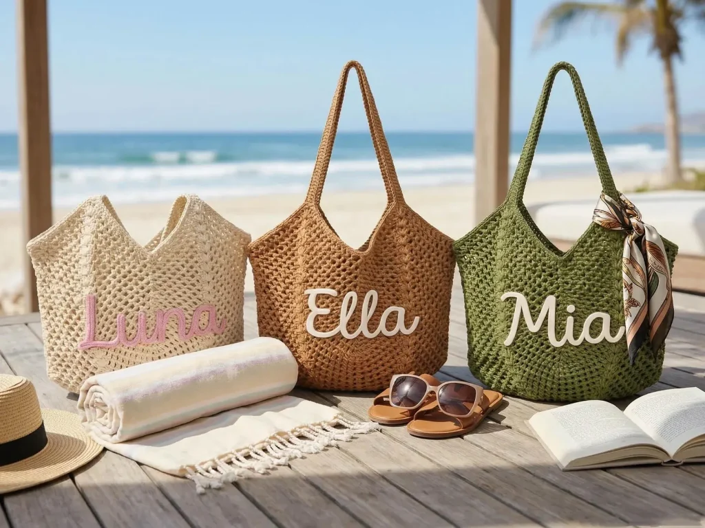 Three personalized crochet tote bags in cream, tan, and green with embroidered names displayed on a sunny beachside deck, boho pool party favors.