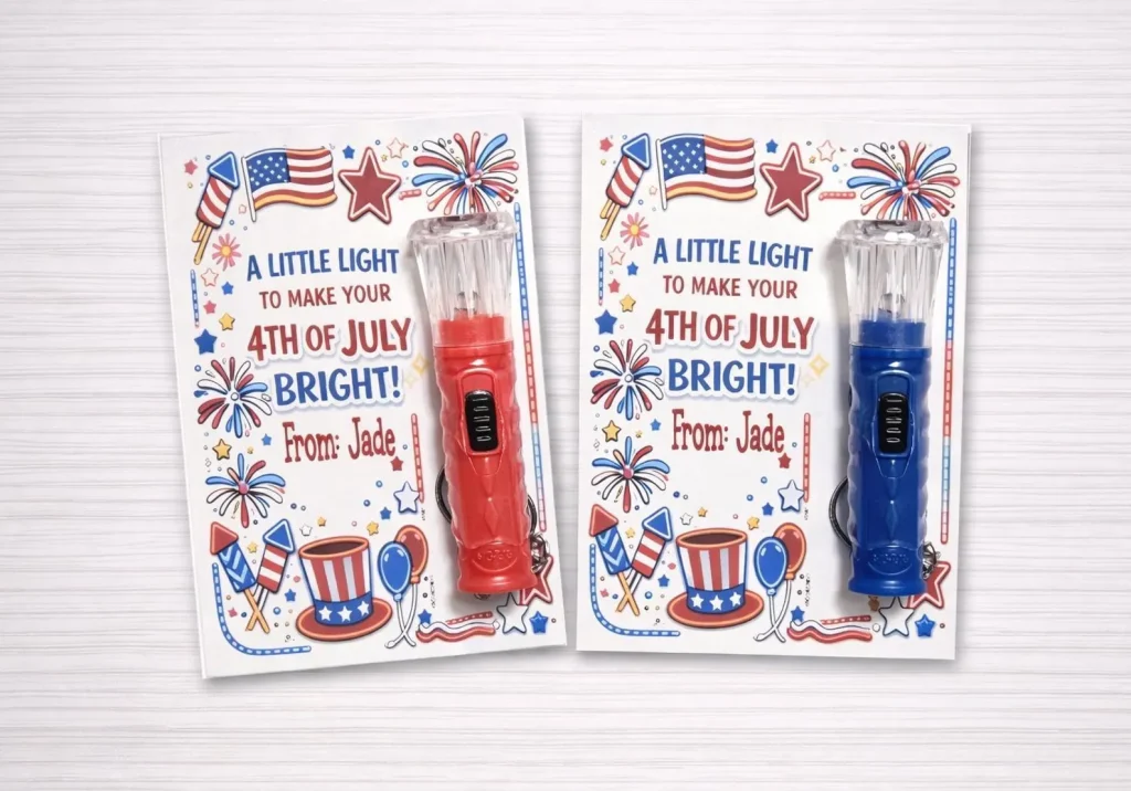 Two patriotic gift cards with red and blue mini flashlights reading "A Little Light to Make Your 4th of July Bright," cheerful 4th of July party favors.